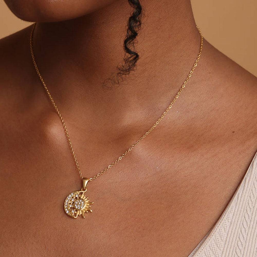 Round Sun Moon Zircon Pendant Necklace